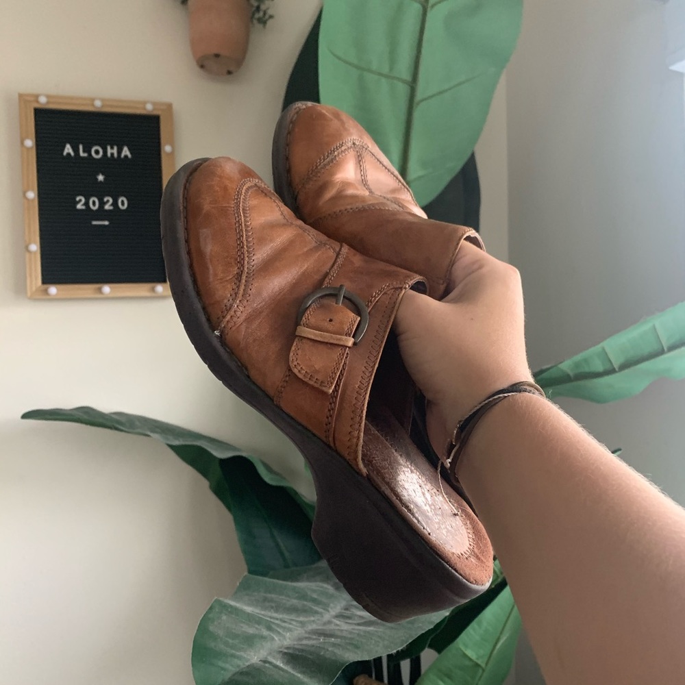Brown Leather Slide On Clogs